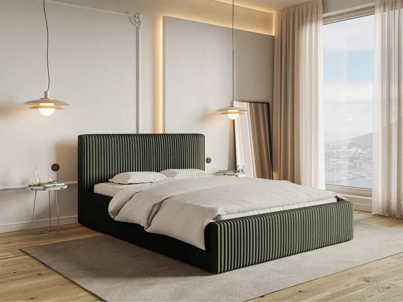 LIOTI Mīkstā gulta 140/160/180x200 cm  ar glabātuvi, metāla rāmis, olīvzaļa bieza velveta - N1 Home