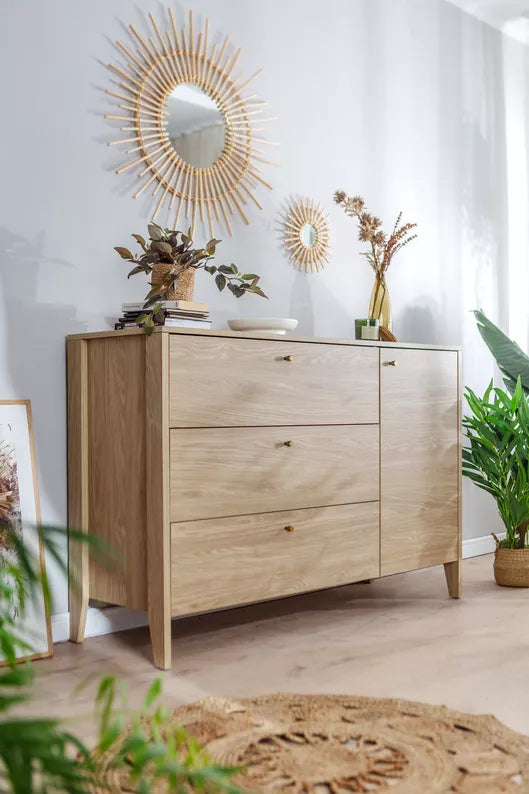 ZOCY Viendurvju kumode ar trim atvilktnēm, 136 cm, eļļots ozols - N1 Home