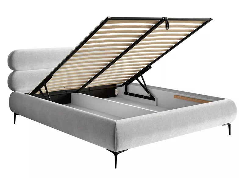 LOURE Mīkstā gulta 140/160/180x200 cm ar glabātuvi, metāla rāmis, gaiši pelēks  hidrofobs samts, melnas kājas - N1 Home