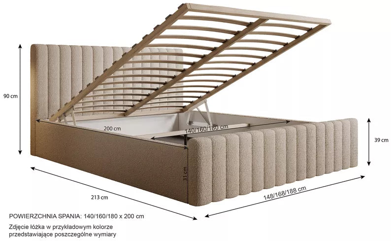 MONERA Mīkstā gulta 140/160/180x200 cm, pelēka, ar konteineru, melnas kājas - N1 Home