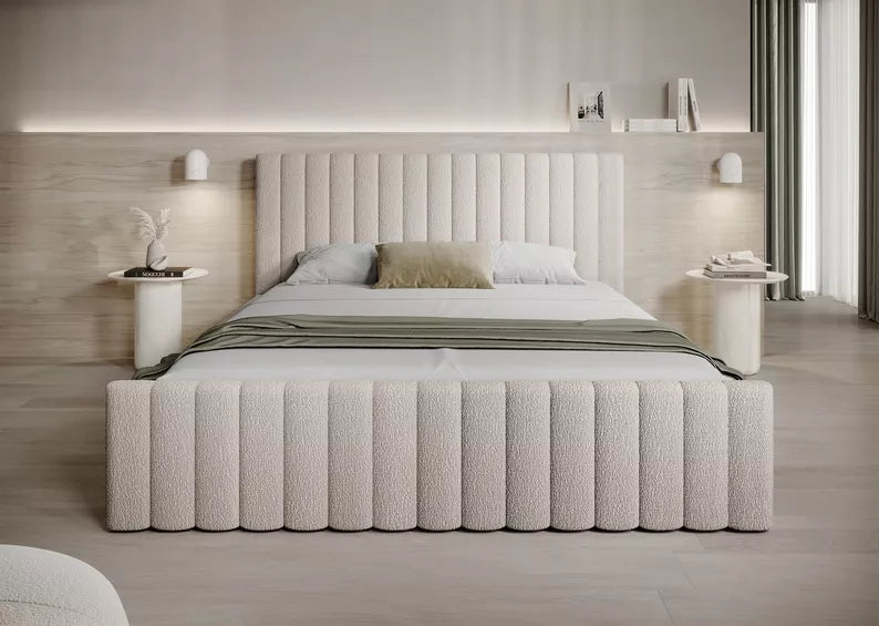 MONERA Mīkstā gulta 140/160/180x200 cm,  bēša, ar konteineru, melnas kājas - N1 Home