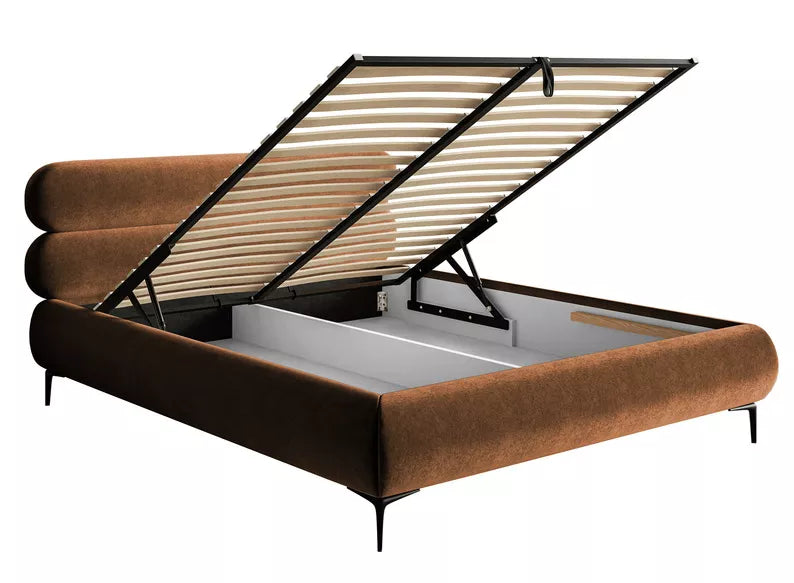 LOURE Mīkstā gulta 140/160/180x200 cm ar glabātuvi, metāla rāmis, varš hidrofobs samts, melnas kājas - N1 Home