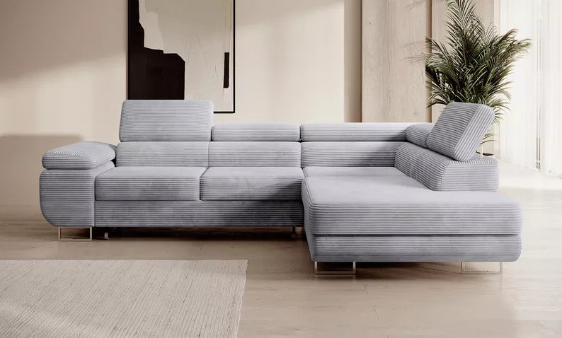 VILSTEV L-formas stūra dīvāns ar gulēšanas funkciju, ar konteineru, gaiši pelēks velvets, kreisa/laba puse - N1 Home