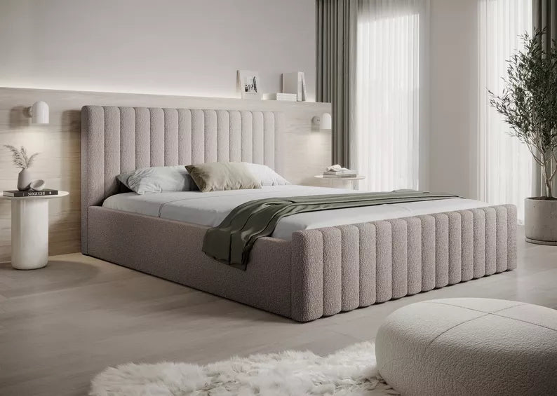 MONERA Mīkstā gulta 140/160/180x200 cm, tumši bēša, ar konteineru, melnas kājas - N1 Home