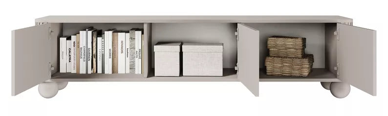 VELLORE TV skapis ar rievām, trīsdurvju, 163 cm, uz pelēcīgi bēšām kruķu kājām - N1 Home