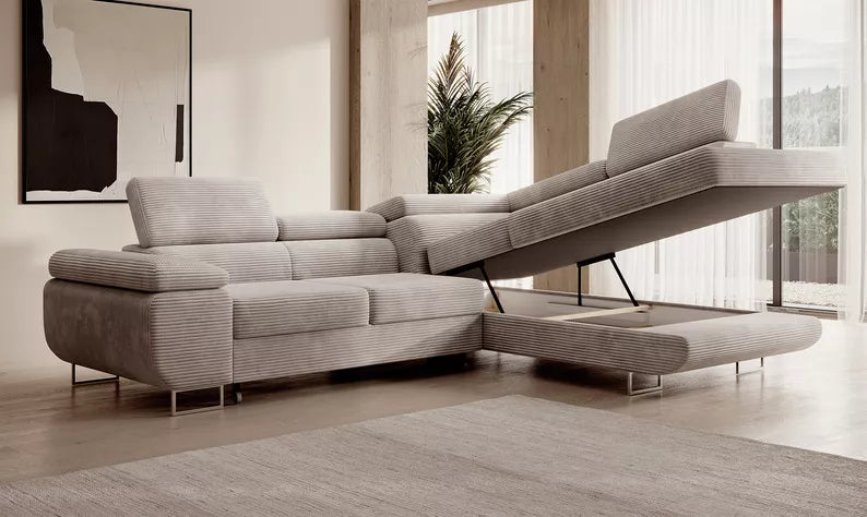 VILSTEV L-formas stūra dīvāns ar gulēšanas funkciju, ar konteineru, pelēks un bēšs velvets laba puse - N1 Home