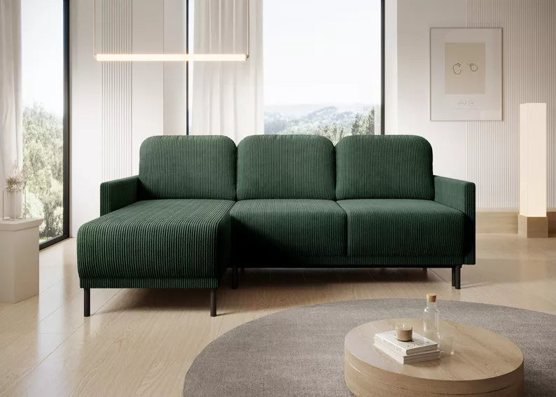 NOMIEL L-formas izvelkamais stūra dīvāns ar konteineru, universāls tumši zaļš velvets - N1 Home