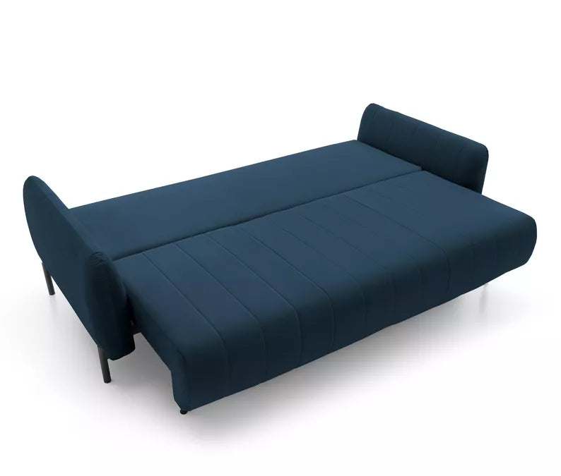 LEVA Tumši zils trīsvietīgs dīvāns ar konteineru, no hidrofobiskā velūra auduma, melnām kājām - N1 Home