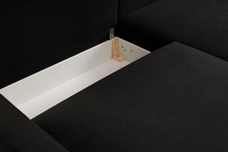 DASSINO L-formas stūra dīvāns ar gulēšanas funkciju ar glabātuvi, melns hidrofobs šenils, kreisa/laba puse - N1 Home