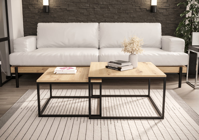 BELLO Divu kvadrātveida kafijas galdiņu komplekts, 70 cm un 60 cm, artisan ozols - N1 Home