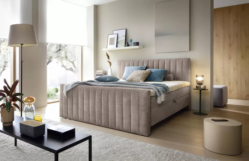 BINOLULA Kontinentālā gulta 1160/80x200 cm ar matraci un konteineriem, pelēka un bēša velveta - N1 Home