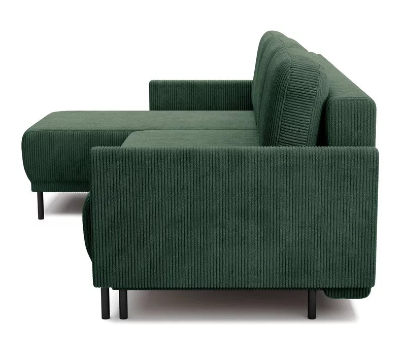 NOMIEL L-formas izvelkamais stūra dīvāns ar konteineru, universāls tumši zaļš velvets - N1 Home