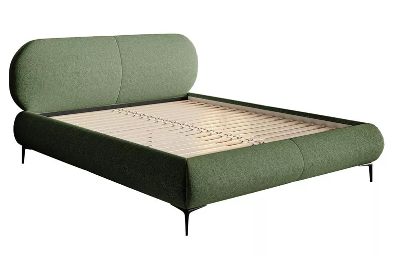 VALEO Polsterēta gulta 140/160/180x200 cm, olīvu hidrofoba bize, melnas kājas - N1 Home