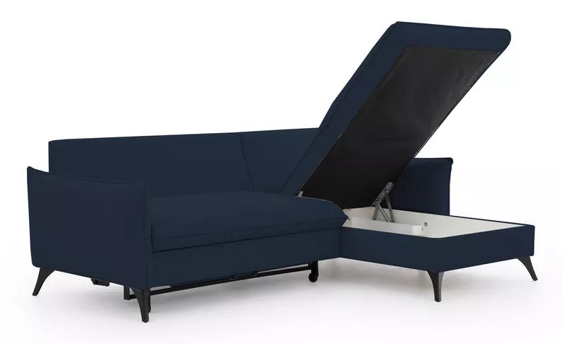 BIANOCA L-veida stūra dīvāns ar gulēšanas funkciju, ar konteineru, tumši zils, viegli tīrāms audums, kreisa/laba puse - N1 Home
