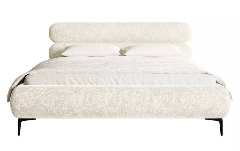 LOURE Mīkstā gulta 140/160/180x200 cm ar glabātuvi, metāla rāmis, krēmkrāsas šenils, melnas kājas - N1 Home