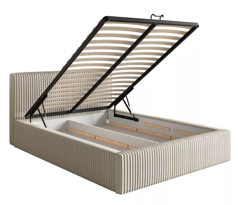 LIOTI Mīkstā gulta 140/160/180x200 cm  ar glabātuvi, metāla rāmis, gaiši bēšs biezs velvets - N1 Home