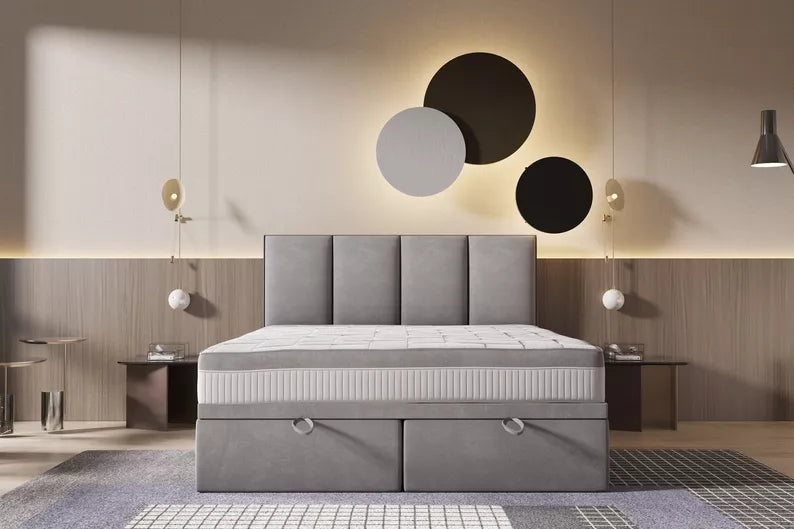 CATALEMER Kontinentālā gulta 140/160/180/200 x200 cm ar matraci un konteineriem, pelēks samts - N1 Home