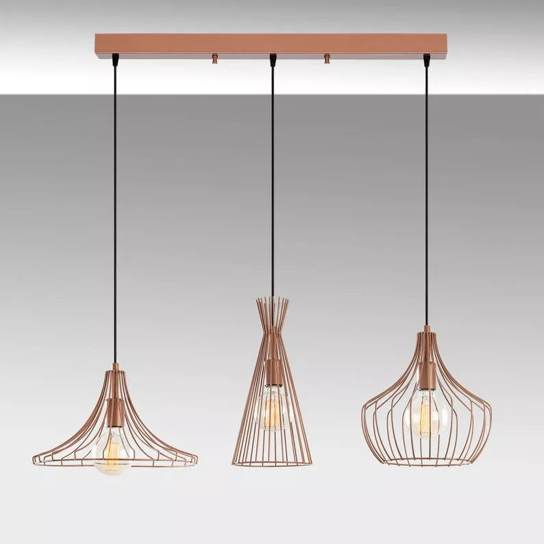 JILTO x3 piekaramā lampa uz taisnstūrveida vara griestu oderes - N1 Home