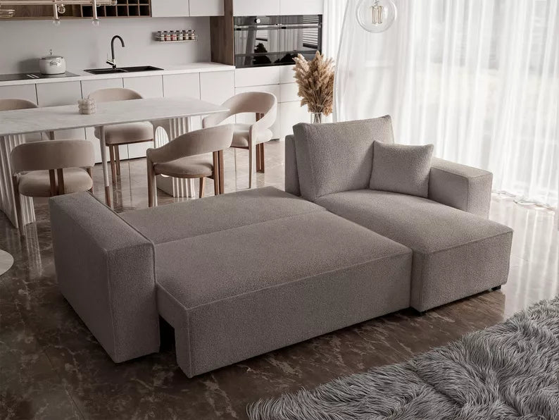 CARLO L-veida stūra dīvāns ar gulēšanas funkciju, ar konteineri, universāls, gaiši brūns bukle - N1 Home