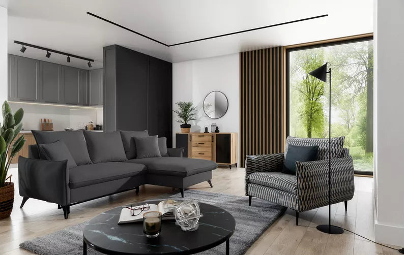 BIANOCA L-veida stūra dīvāns ar gulēšanas funkciju, ar konteineru, tumši pelēks, viegli tīrāms audums, kreisa/laba puse - N1 Home