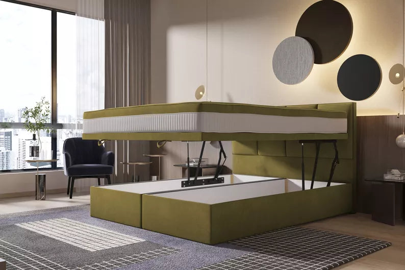 CATALEMER Kontinentālā gulta 140/160/180/200 x200 cm ar matraci un konteineriem, olīvu samts - N1 Home