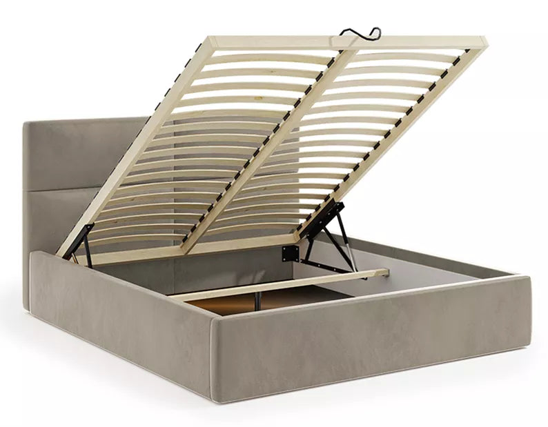 MAHEL Polsterēta gulta 140/160/180x200 cm ar glabātuvi, gaiši brūns samts - N1 Home