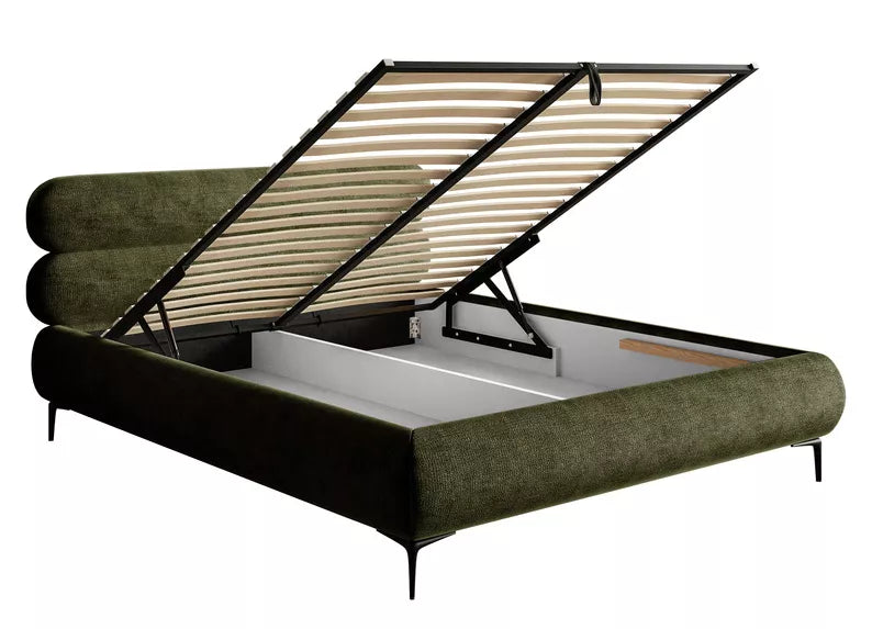 LOURE Mīkstā gulta 140/160/180x200 cm ar glabātuvi, metāla rāmis, olīvu šenils, melnas kājas - N1 Home