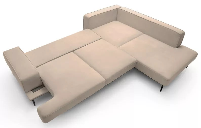 SITOME L-formas dīvāns ar gulēšanas funkciju, krēmkrāsas samts, melnas kājas, kreisa/laba puse - N1 Home