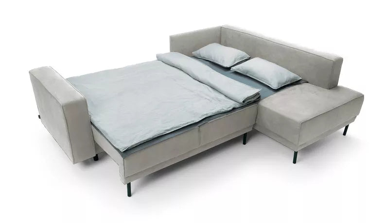 RIO Stūra dīvāns ar gulēšanas funkciju, ar konteineru, gaiši pelēks samts, kreisa/laba puse - N1 Home