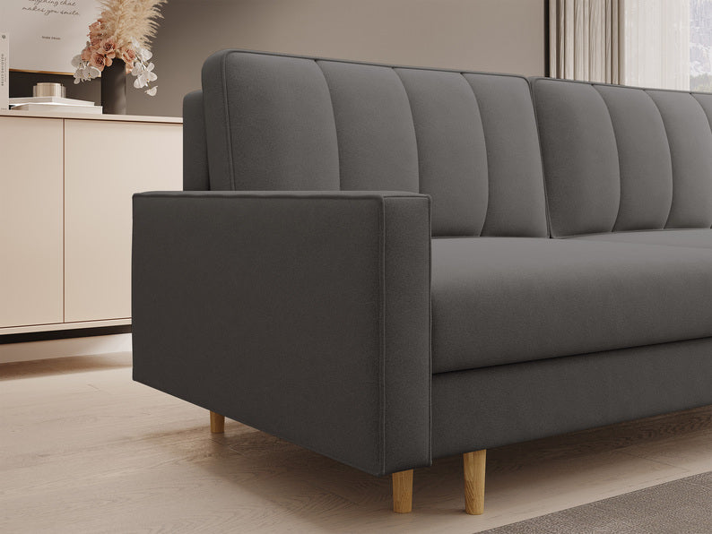 BANDER Trīsvietīgs dīvāns ar glabātuvi, viegli tīrāms tumši pelēks samts - N1 Home