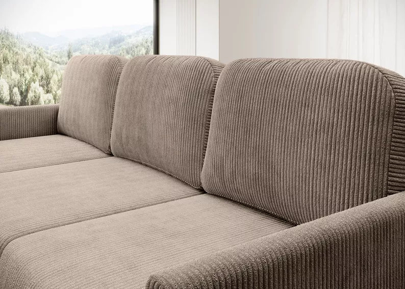 NOMIEL L-formas izvelkamais stūra dīvāns ar konteineru, universāls bēšs velvets - N1 Home