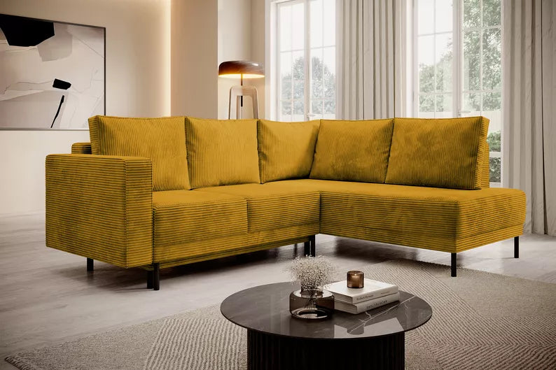 RIO Stūra dīvāns ar gulēšanas funkciju, ar konteineru, sinepju velveta, kreisa/laba puse - N1 Home