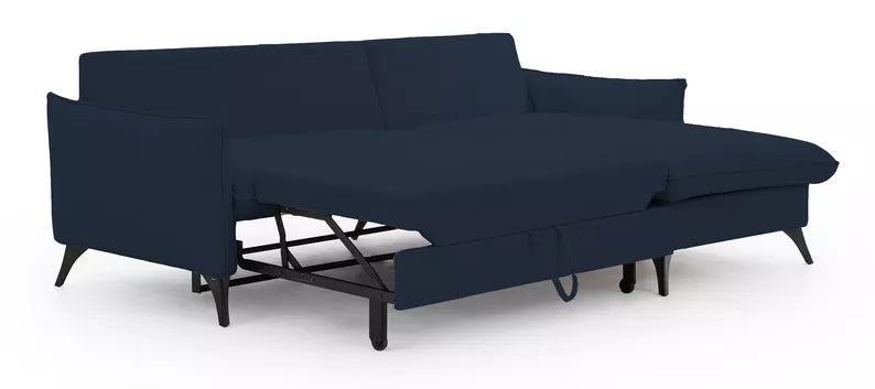 BIANOCA L-veida stūra dīvāns ar gulēšanas funkciju, ar konteineru, tumši zils, viegli tīrāms audums, kreisa/laba puse - N1 Home