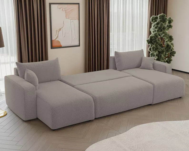 NONIPIA U-formas stūra dīvāns ar gulēšanas funkciju, ar konteineri, universāls, gaiši brūns bukle - N1 Home