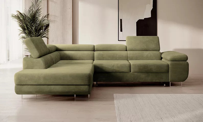 VILSTEV L-formas stūra dīvāns ar gulēšanas funkciju, ar konteineru, olīvu velveta, kreisa/laba puse - N1 Home