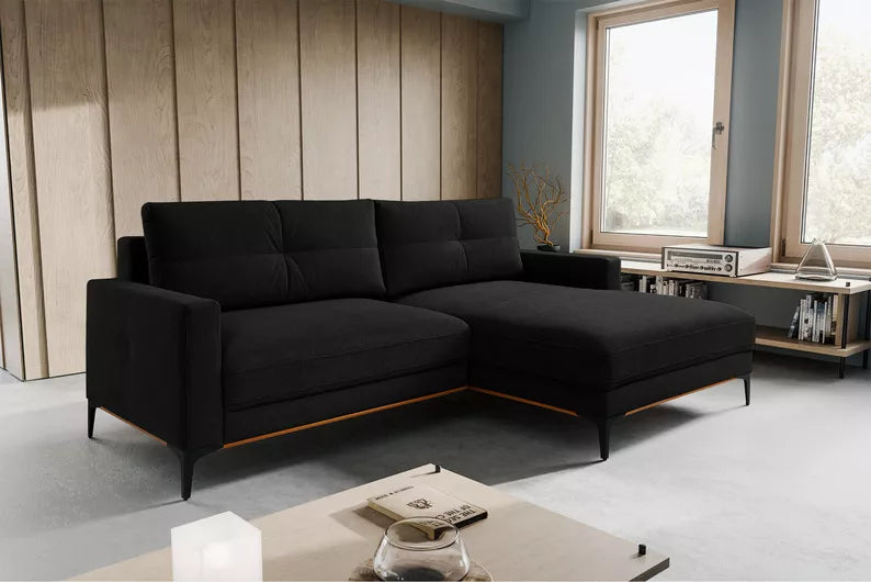 DASSINO L-formas stūra dīvāns ar gulēšanas funkciju ar glabātuvi, melns hidrofobs šenils, kreisa/laba puse - N1 Home