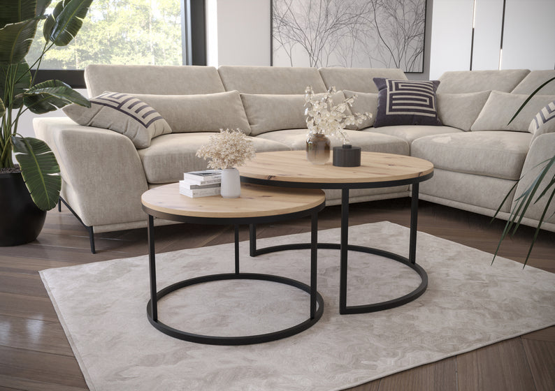 BELLO Divu kafijas galdiņu komplekts, apaļš, 80 un 60 cm, artisan ozols - N1 Home