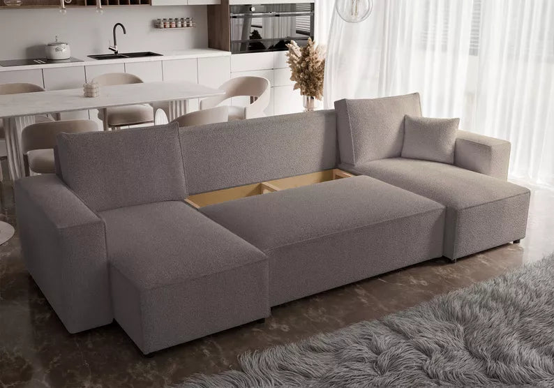 CARLO U-veida stūra dīvāns ar gulēšanas funkciju, ar konteineri, universāls, gaiši brūns bukle - N1 Home