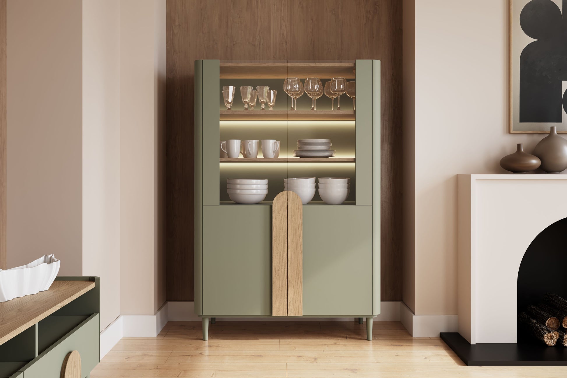 Vitrīna Amil 100/150/48 cm Eikalipta / Baltijas kāpu ozola / dabīgā ozola rokturi - N1 Home