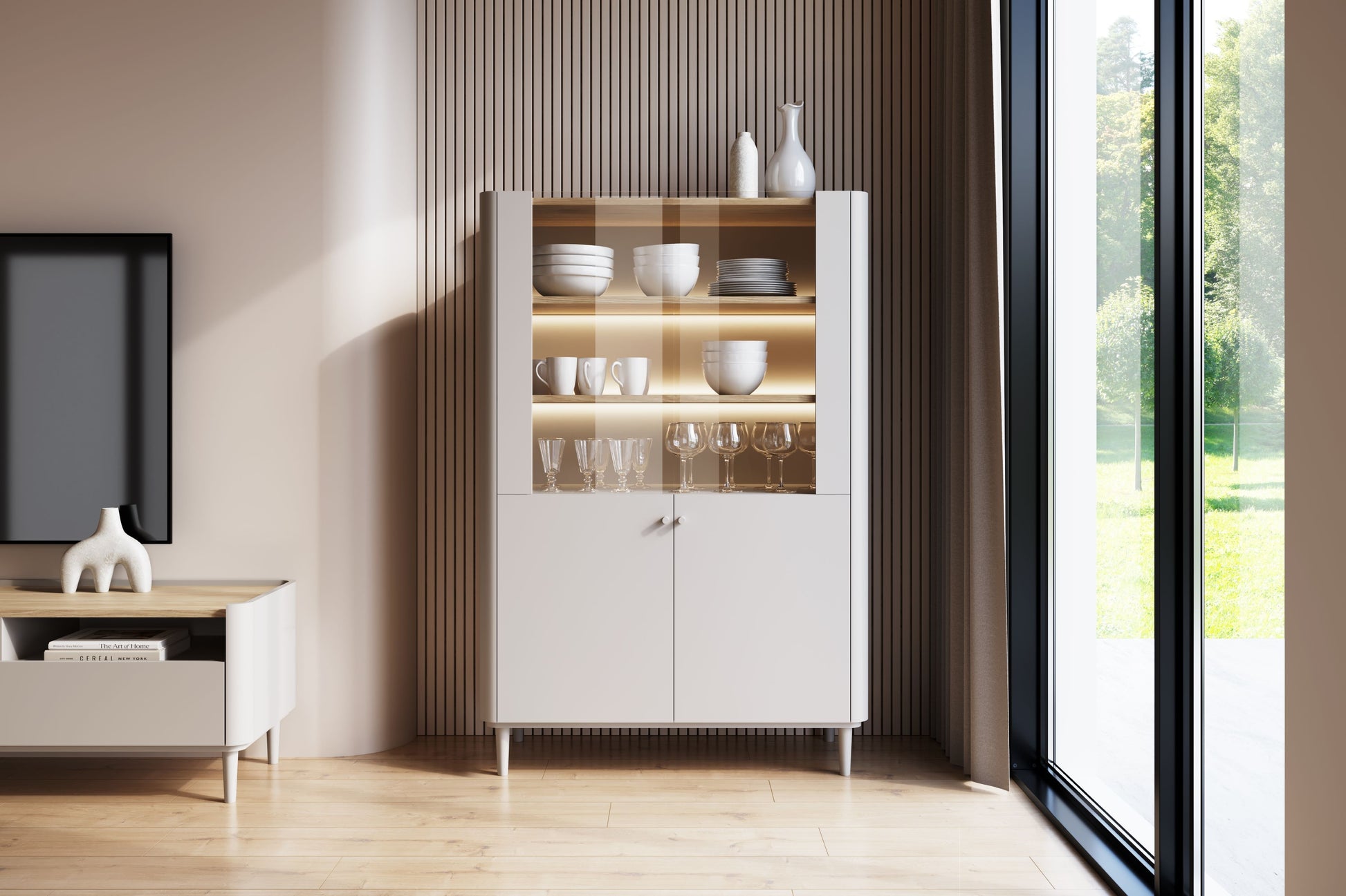 Vitrīna Elva 100/150/48 cm Kašmirs / Eļļots ozols - N1 Home