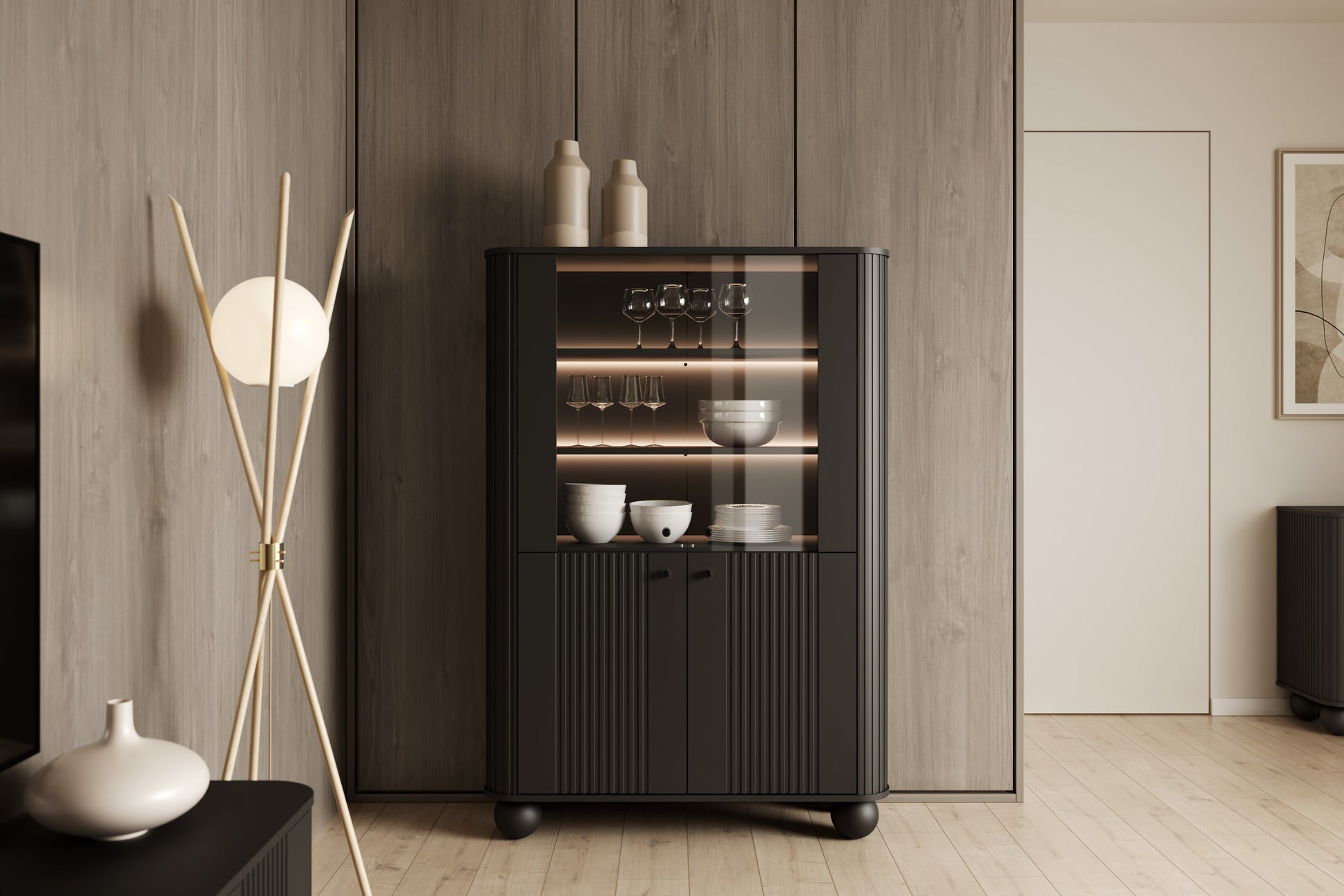 Vitrīnas skapis Vespa 103/153/38 cm melns/melns - N1 Home