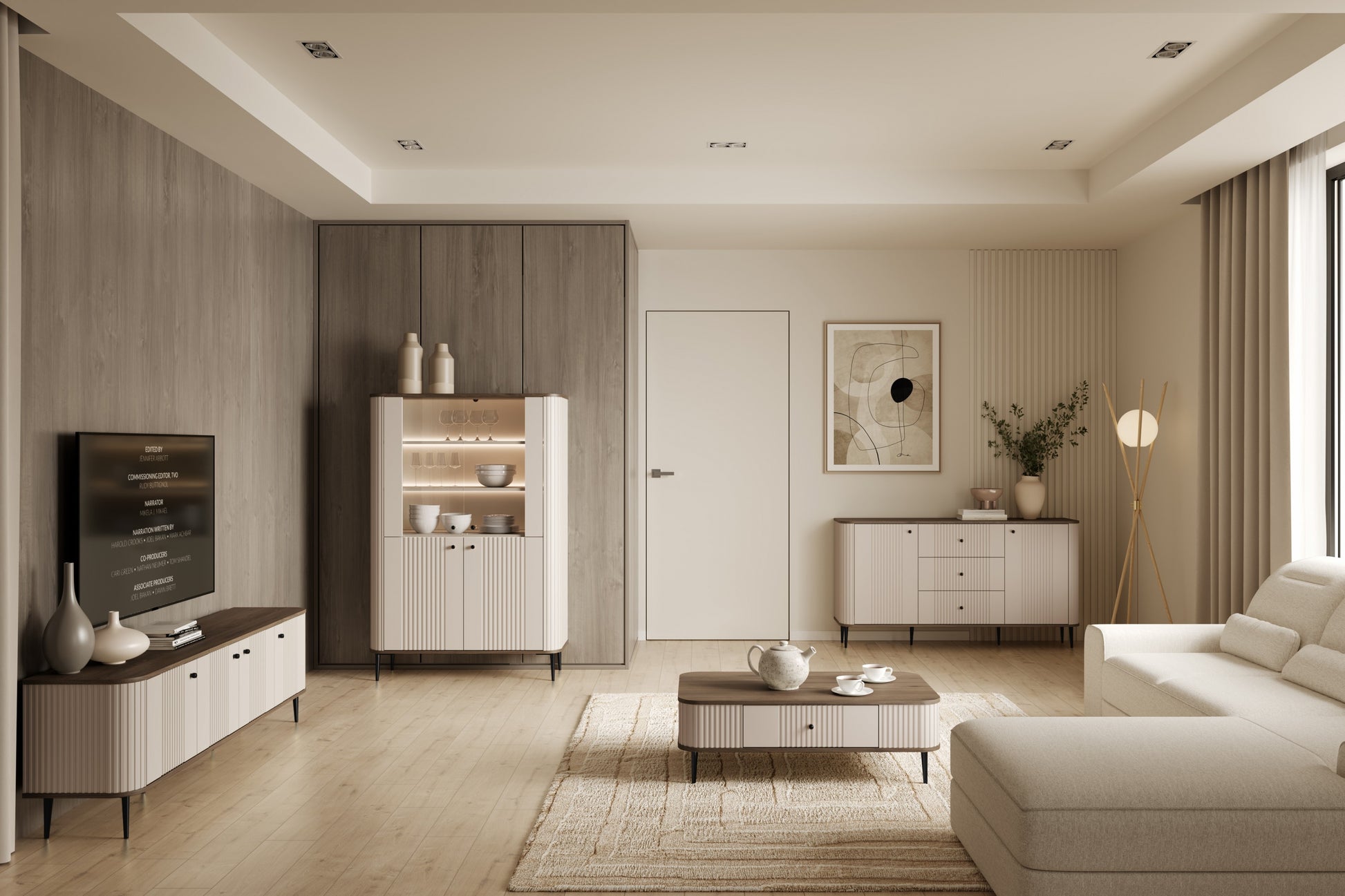 Vitrīnas skapis Vespa 103/156/38 cm kašmirs/rieksts/melns - N1 Home