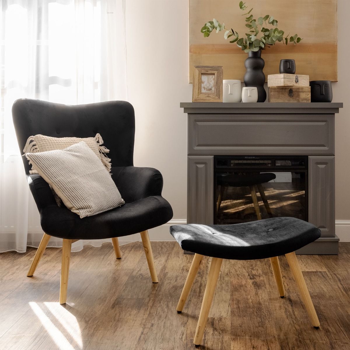 Melna velūra kāju balsts MOSS 61x41x38 cm - N1 Home