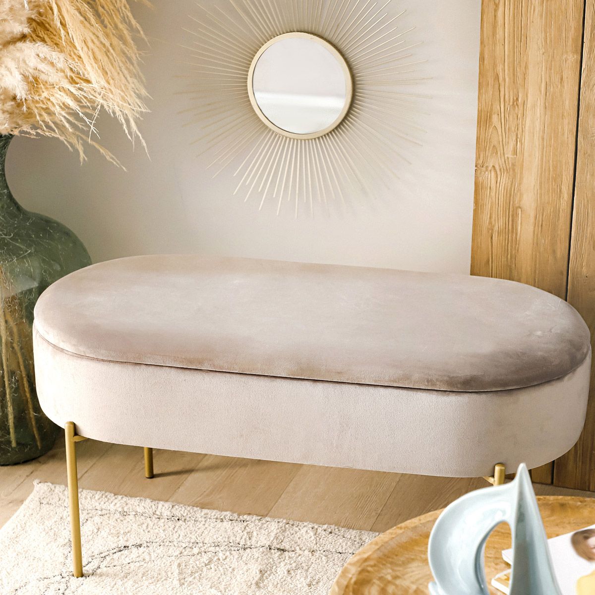 LAYLA bēšs velūra sols ar glabātuvi 91,5x41x46,5 cm - N1 Home