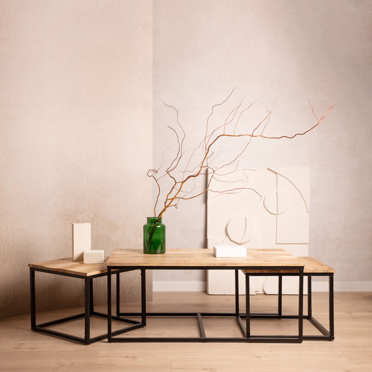 Kafijas galdiņu komplekts MAYA Solid Mango Wood + Metāls 110x60x45 cm/50x50x40cm - N1 Home